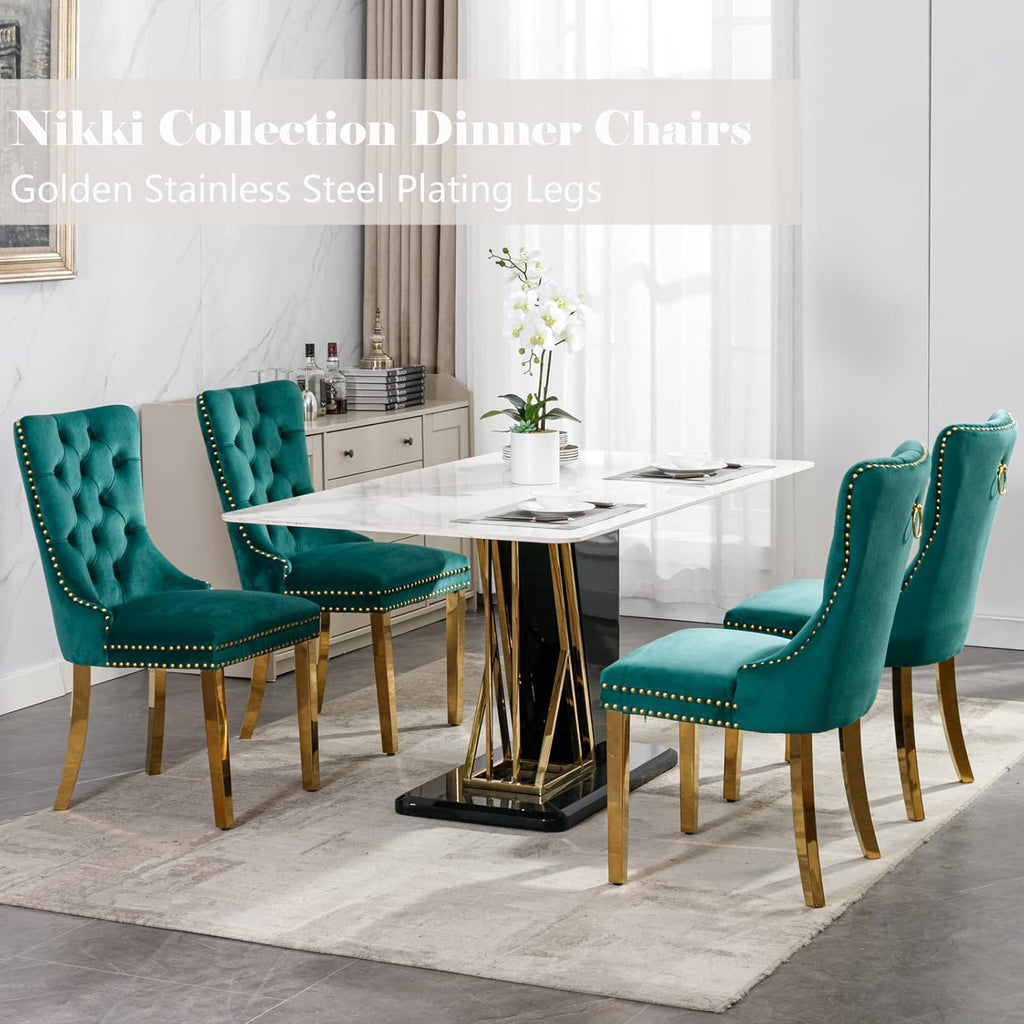 Velvet Dining Chairs Set of 6, Upholstered Dining Room Chairs with Back Ring Pull Trim and Golden Stainless Steel