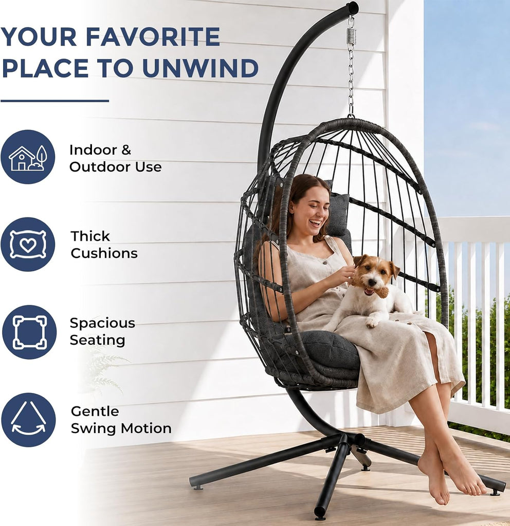 Outdoor Hanging Egg Chair with Stand, Indoor Wicker Egg Shaped Swing Chair with Cushion, 370lbs Capacity Comfy Patio