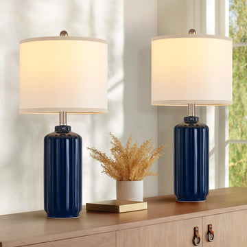 Lamp Bedroom Lamps Farmhouse Table Lamps Set of 2 Vertical Stripe Ceramic Table Lamp, Linen Shade with Bulb, 25 in
