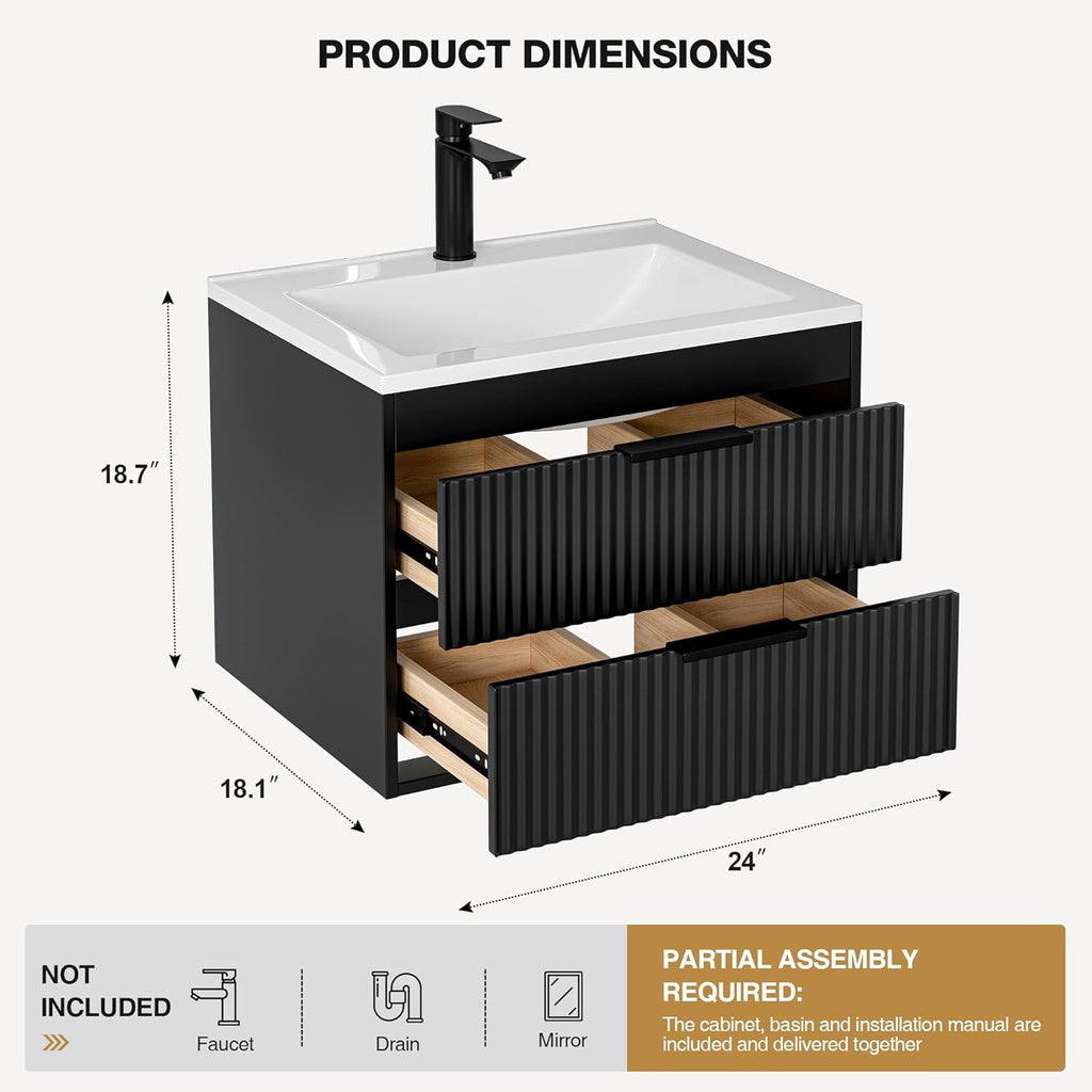 24" Modern Floating Bathroom Vanity with Sink - Wall Mounted Cabinet with Double Drawers