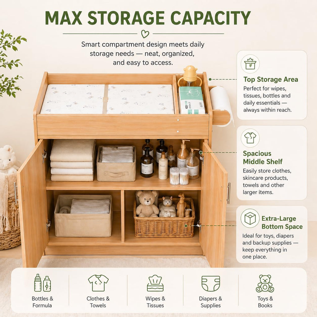 Daycare Diaper Changing Table with Removable & Washable Mattress Pad | Quiet-Close Doors & 2 Storage Cubbies |