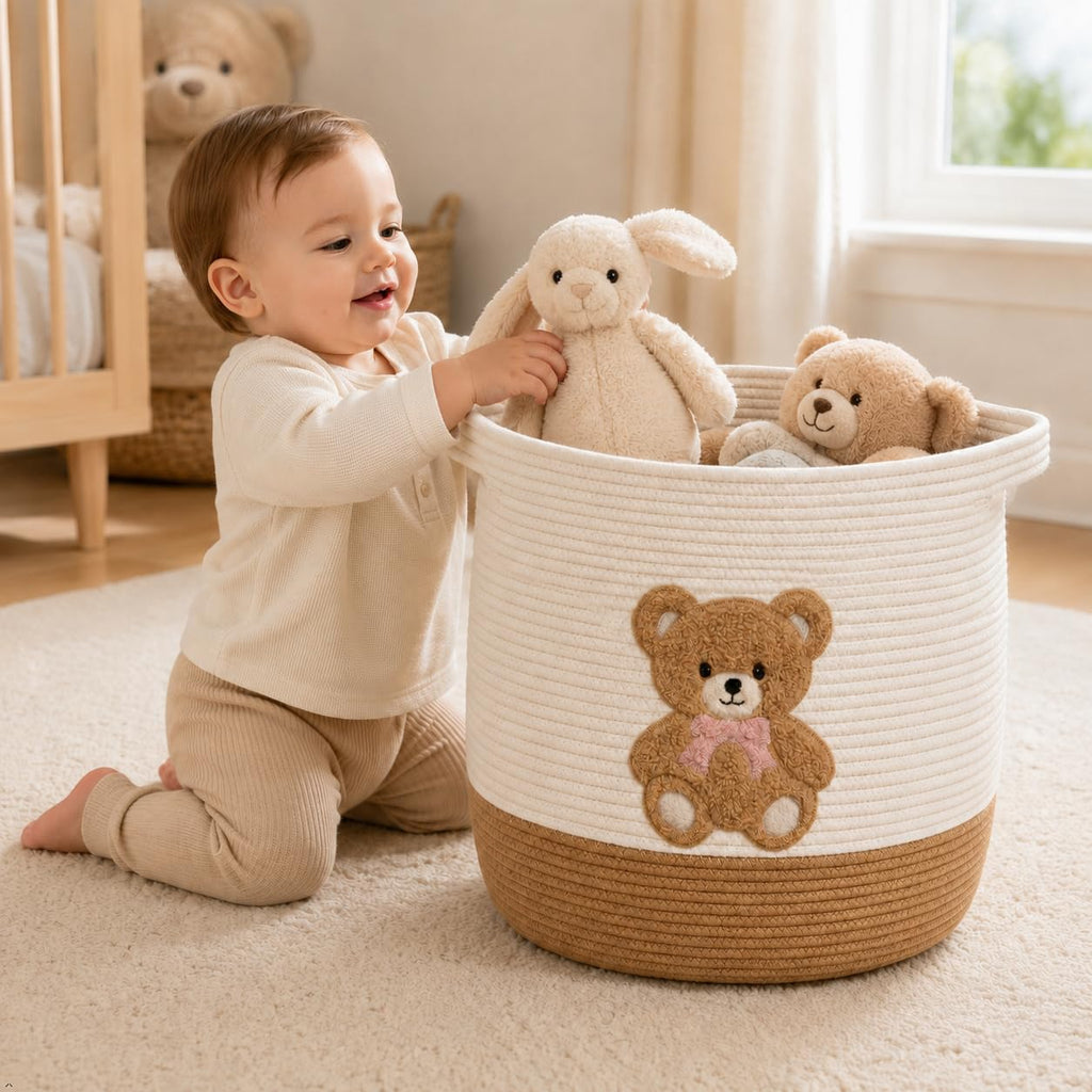 Teddy Bear Nursery Basket, Cotton Rope Baby Laundry Hamper with Handles
