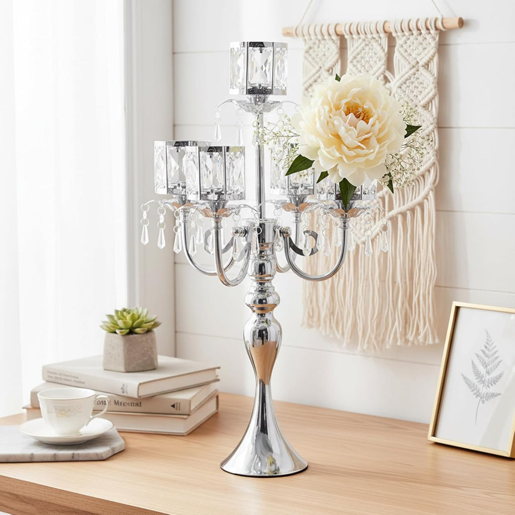 Silver Candelabra Centerpieces for Tables - 5 Arm Crystal Pendant Candle Holders, Elegant Metal Table Centerpieces