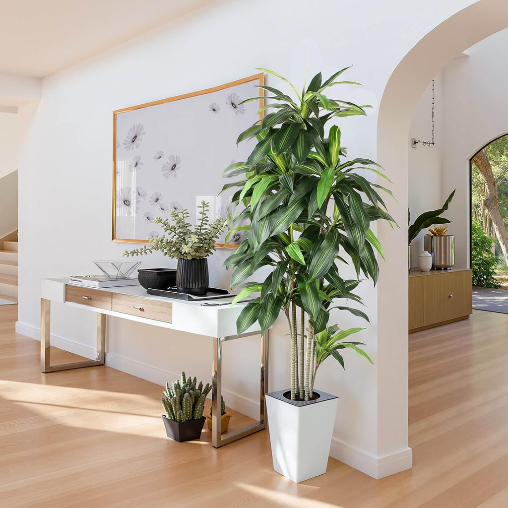 Dracaena Tree with White Tall Planter, 7ft Tall Potted Artificial Dracaena Silk Plant, Fake Yucca Tree Plant, Home