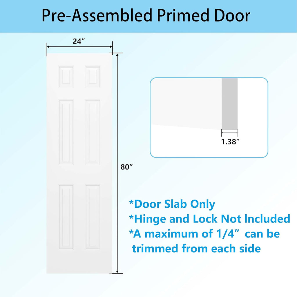 24"x80" Raised 6-Panel Textured White Primed Hollow Core Interior Molded Door Slab, NOT Pre-drilled and NOT Included Hardware, Paintable Interior Door for Pantry, Laundry, Office