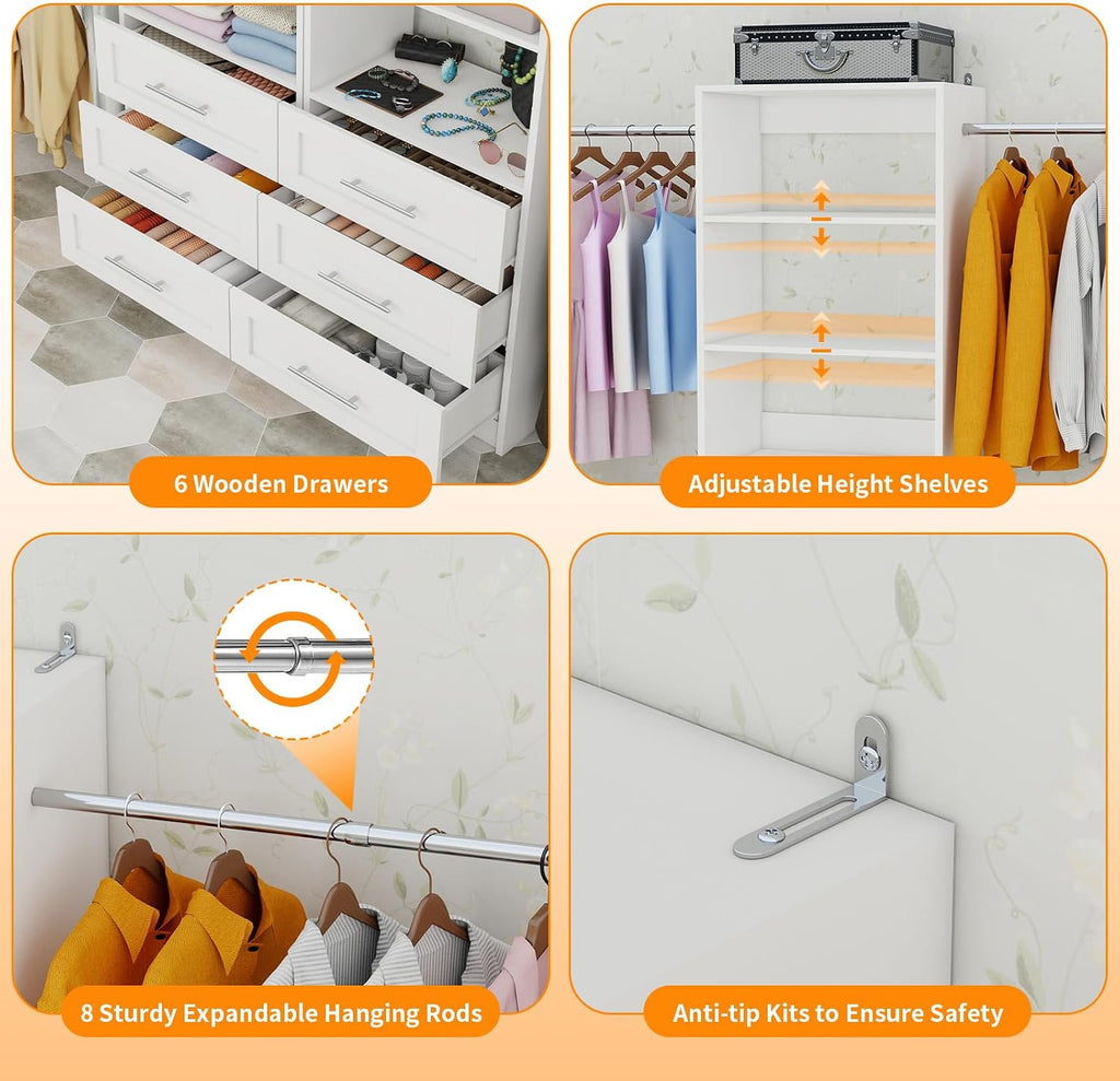Closet System with 6 Drawers, 6FT-15FT Wooden Closet Organizer System with 8 Expandable Hanging Rods and Shelves
