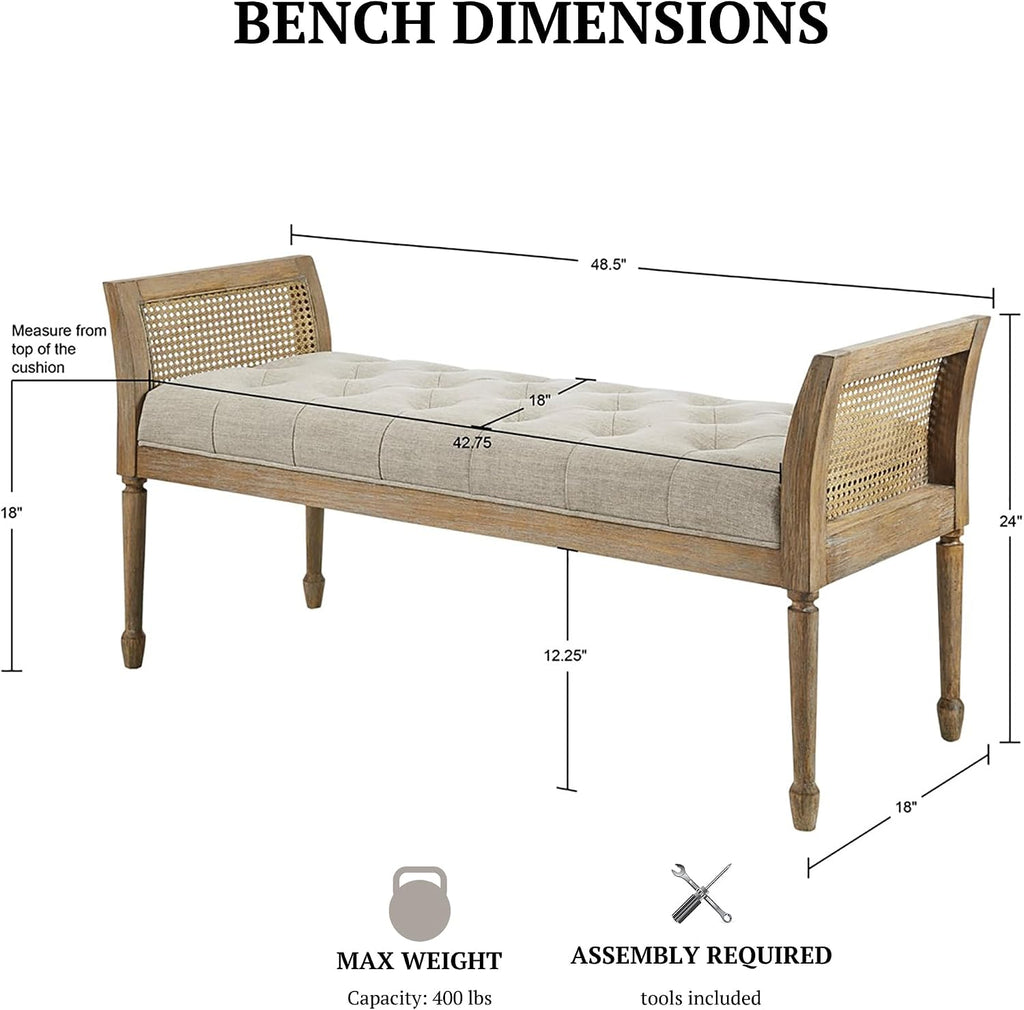 Isla Entryway Accent Bench Bedford Collection, Tufted Seat, Cane Side Frames, Farmhouse Bed End Bench Seating