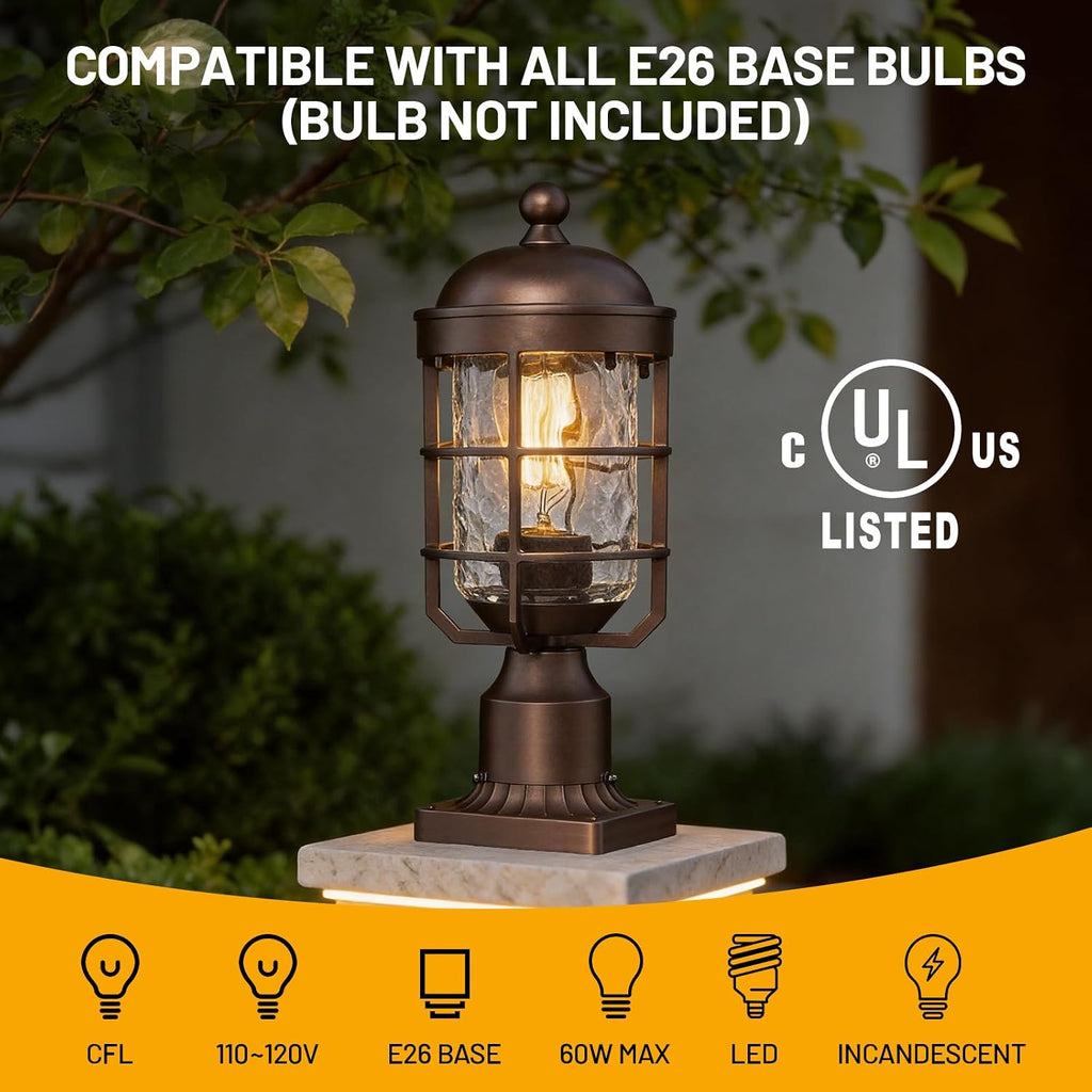 Outdoor Post Lights Lamp Post Light Fixture with Water Ripple Glass Industrial Lantern Cage
