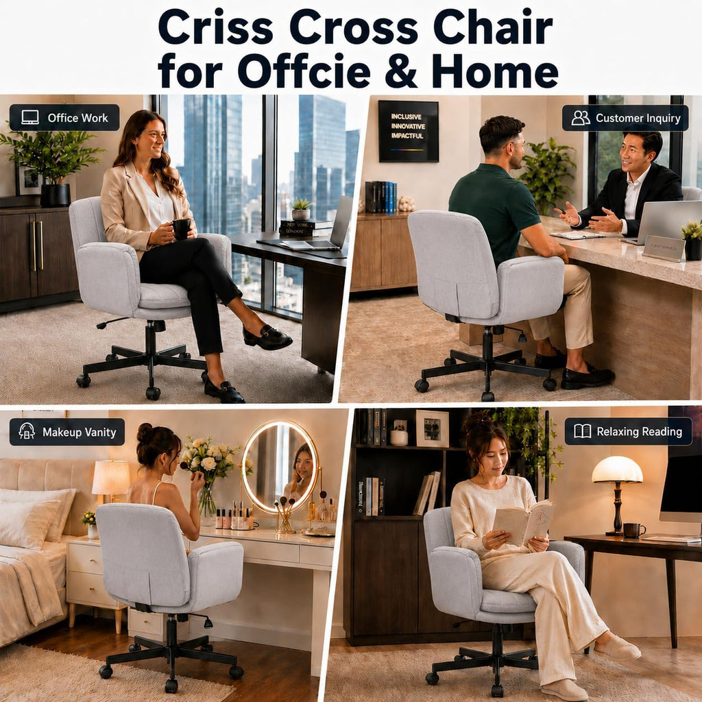 Criss Cross with Wheels and Arms, Vanity Chair with Back, Comfy Swivel Cross Legged Office Chairs for Ultimate