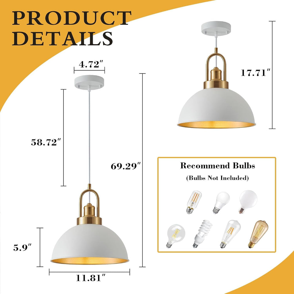 Farmhouse 11.81" White Pendant Light with Gold Finish, Industrial Metal Hanging Lighting Fixtures, Adjustable Height