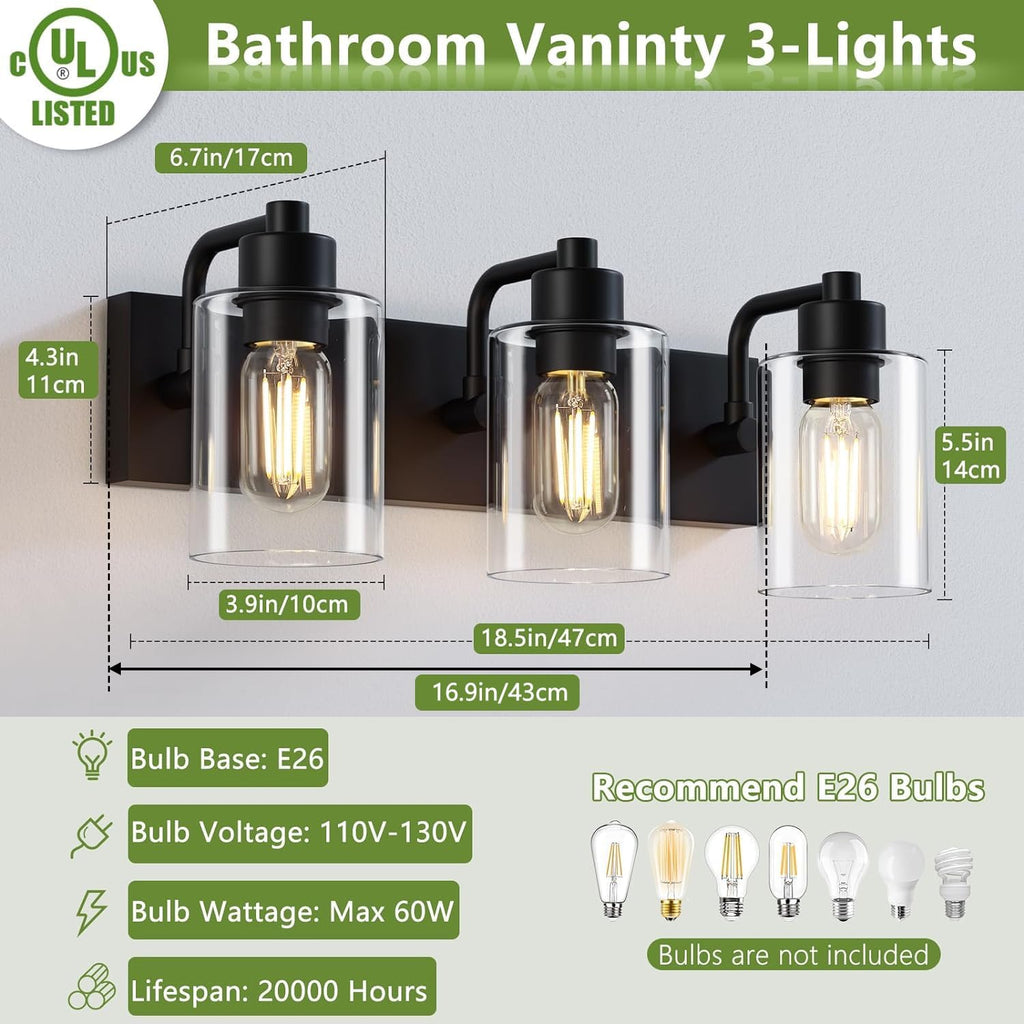 Bathroom Light Fixtures,Matte Black 3-Light Bathroom Lights Over Mirror with Clear Glass Shade,Wall Sconces Living