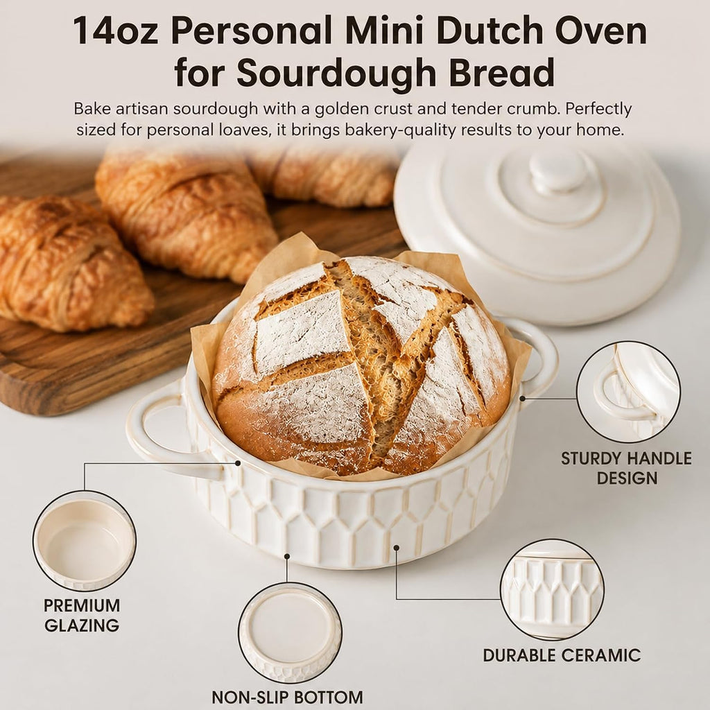 Mini Cocotte Set of 4, 14 oz Ceramic Casserole Dishes with Lids | Individual Dishes for Mini Sourdough, French Onion