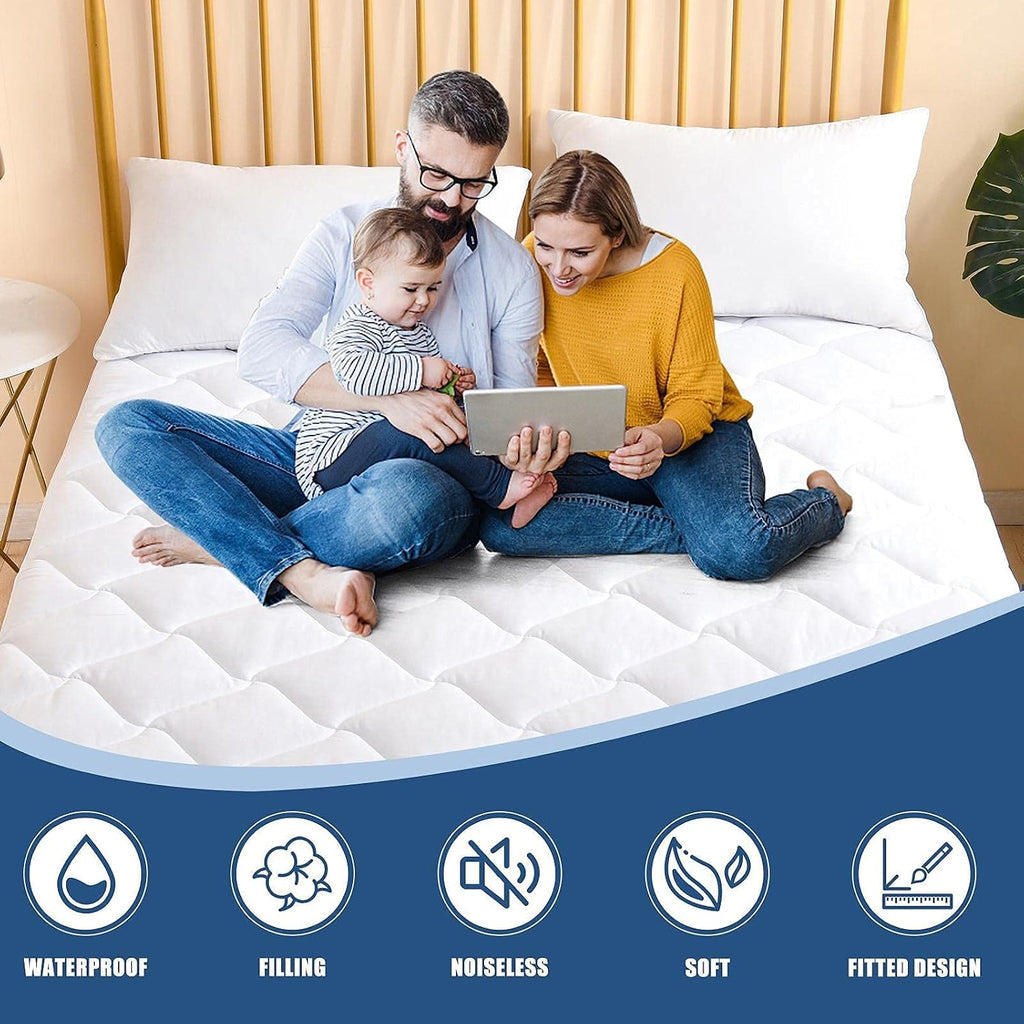 King Quilted Mattress Pad Waterproof Breathable Bed Protector Quiet Fabric Noiseless Cooling Microfiber Fitted