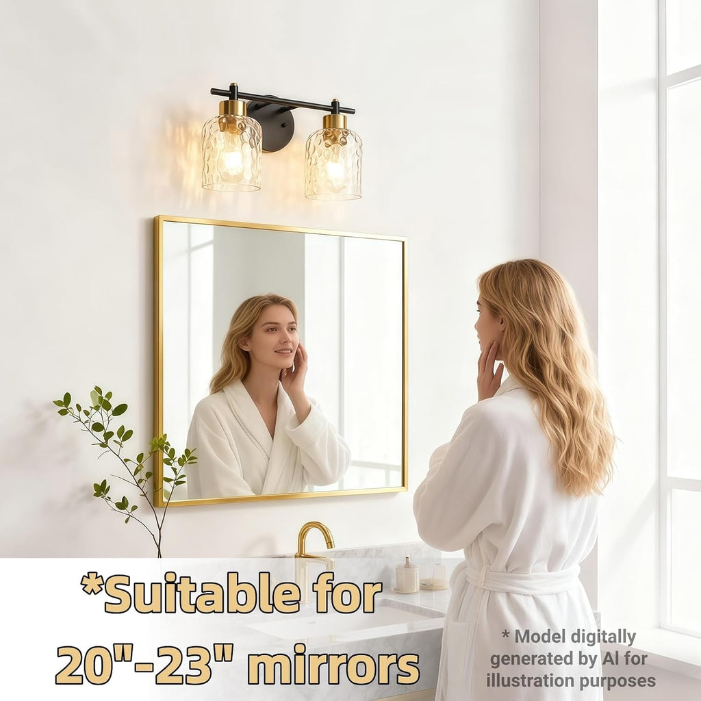 2 Light Black and Brass Vanity Light with Hammered Glass over Mirror Makeup | 13.7" Black and Gold Farmhouse Bathroom
