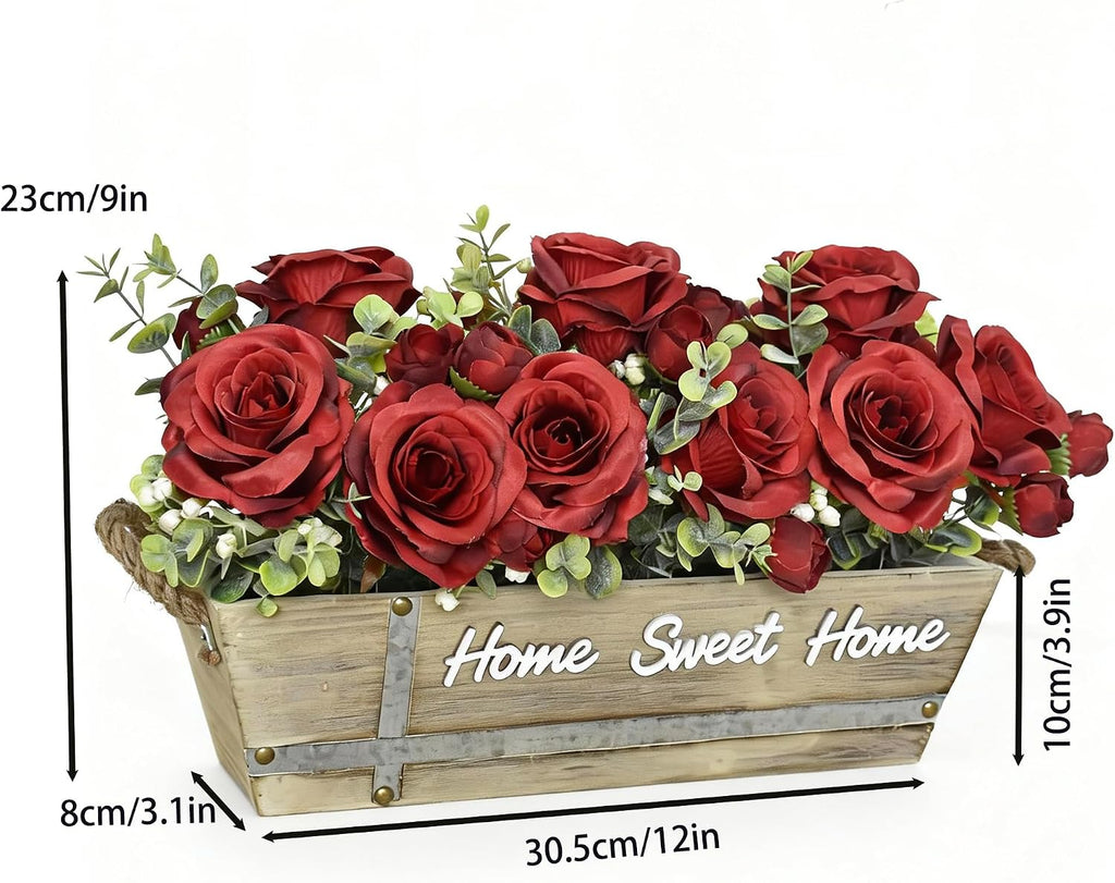 Artificial Rose Flower Arrangement with Eucalyptus in Wooden Planter, Faux Flowers Farmhouse Table Centerpiece