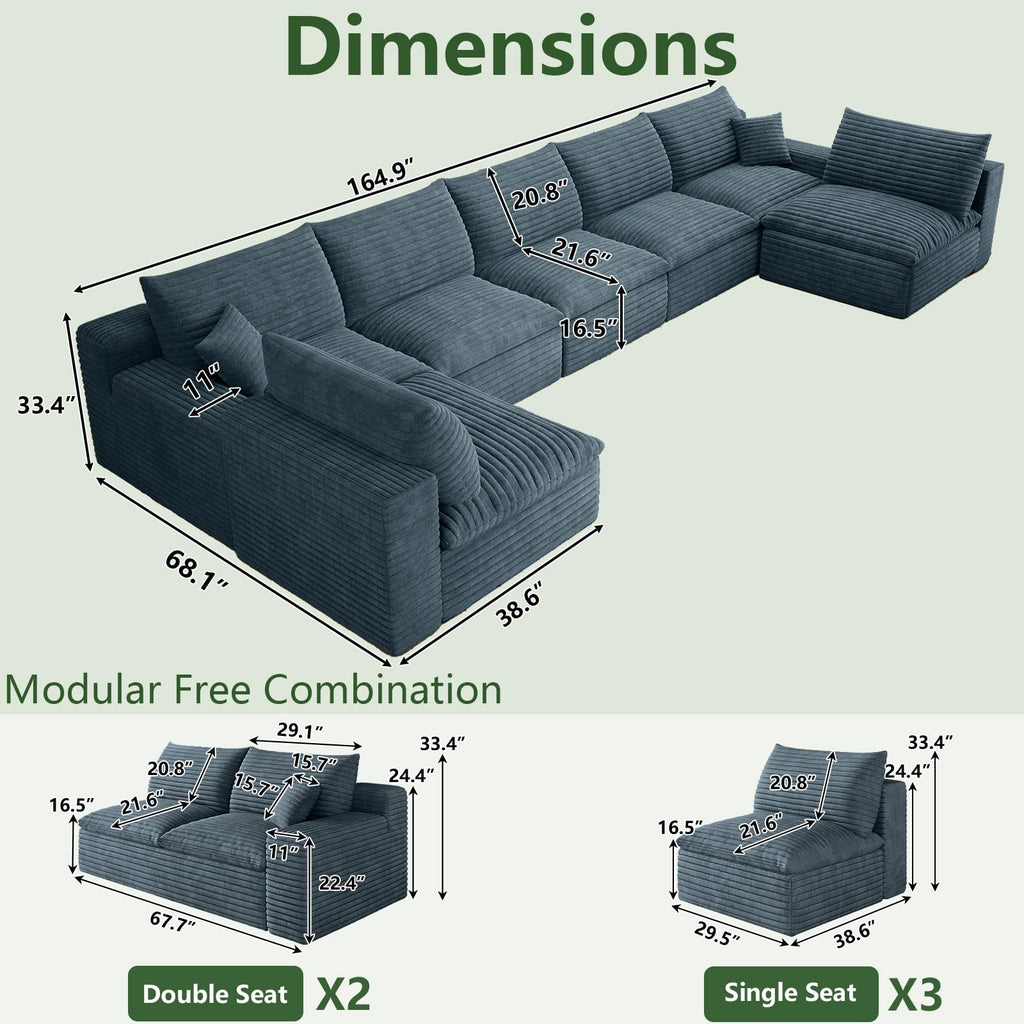 165" Cloud Couch Modular Sectional Sofa, U-Shape Boneless Couch with Deep Seat, Modern Corduroy 7-Seater, No