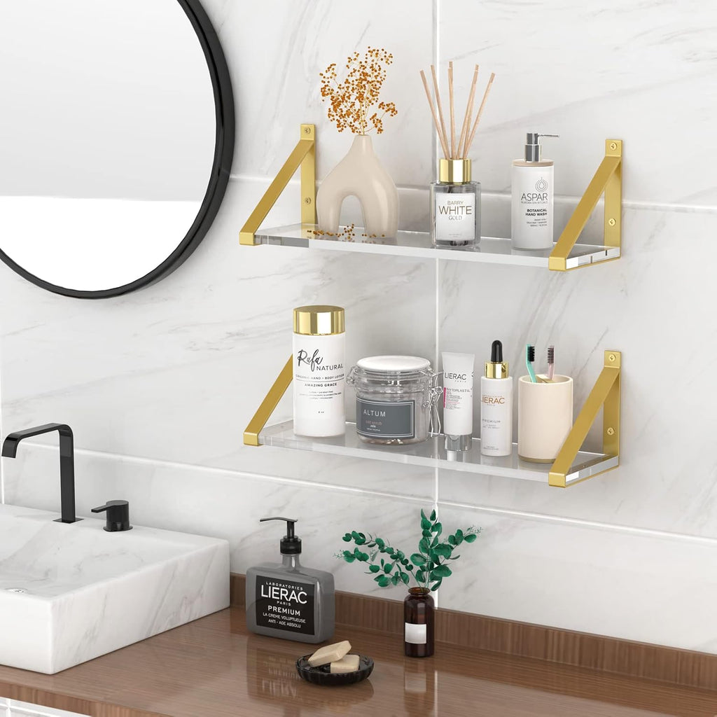 Clear Shelves, Gold Floating Shelves Wall Mounted Set of 3, 8mm Transparent Acrylic, Invisible Wall Shelves Display