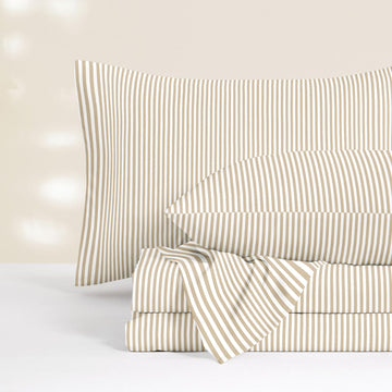 Striped Bed Sheets, 4-Piece Sheet Set, Ticking Vertical Pin Stripe Modern Farmhouse Pattern Printed Bedding, Deep