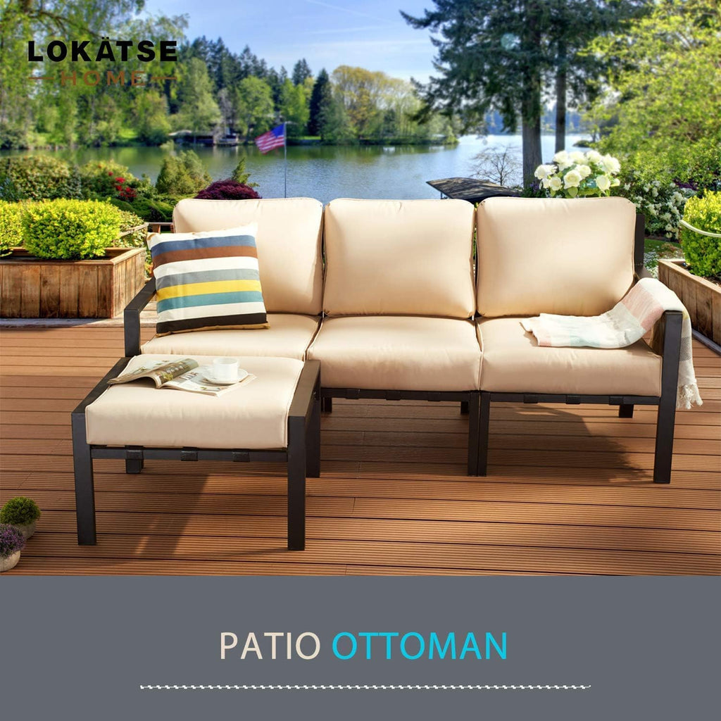 Outdoor Ottoman Patio Footstool Small Seat Furniture with Soft Thick Cushion for Garden Yard Deck Poolside