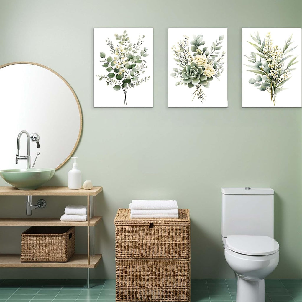 Sage Green Botanical Wall Art, Watercolor Framed Canvas Prints Modern Green Plant White Floral Decor Living Room