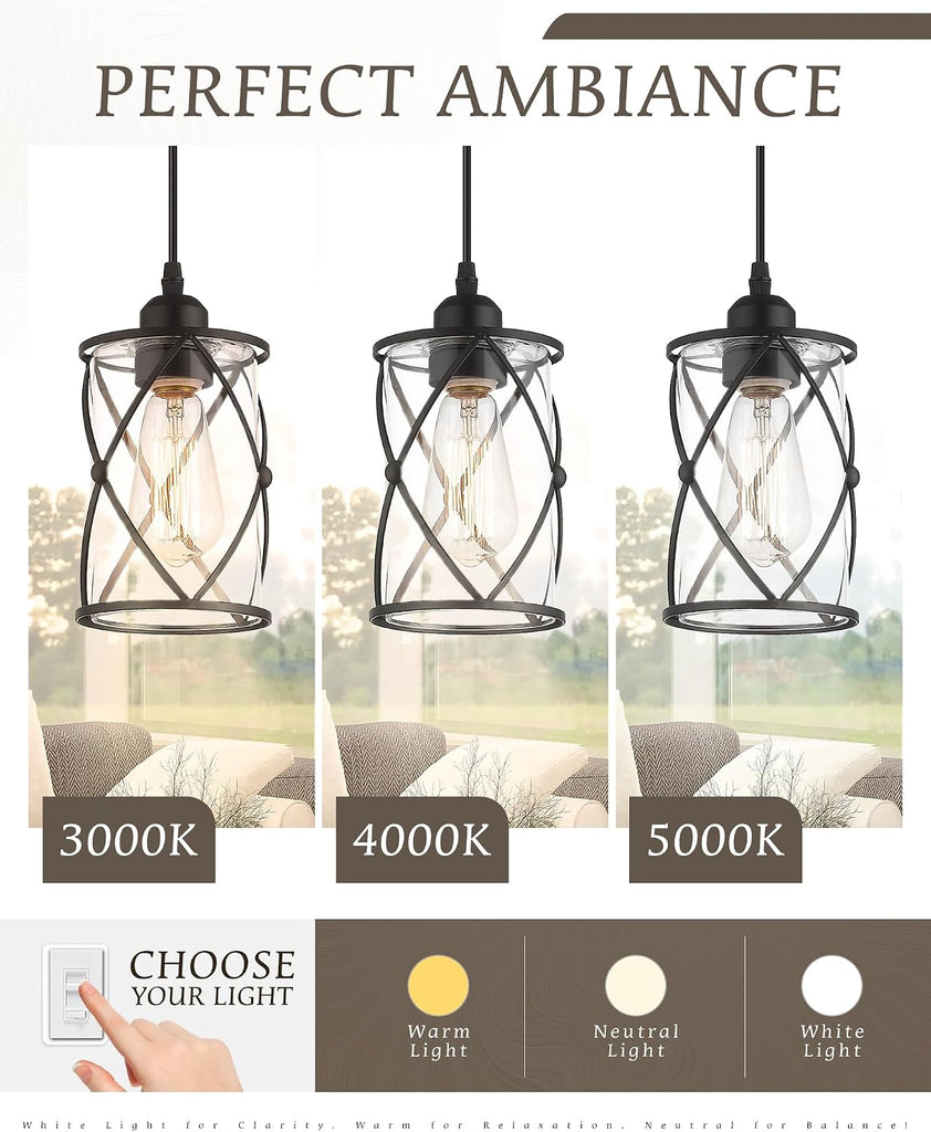Glass Pendant Lights Kitchen Island 2 Pack, Black Mini Pendant Light with Clear Glass, Farmhouse Industrial Cage