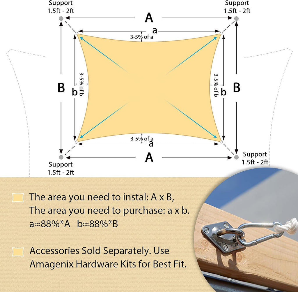 Shade Sail 12'X20' Rectangle Sand UV Block Breathable Sun Shade Canopy for Outdoor Patio Garden Deck Backyard