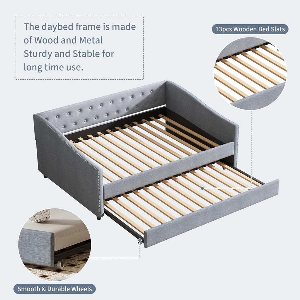 Full Size Upholstered Daybed with Trundle | Twin Size Trundle,Button-Tufted Back, Piping on Waved-Shape Arms, Solid