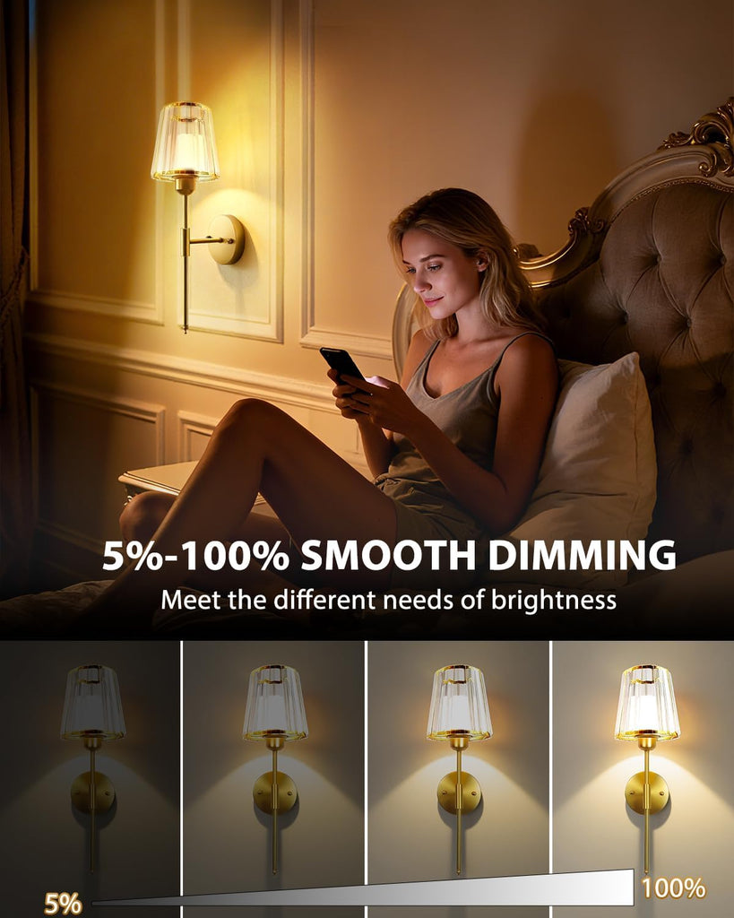 Crystal Battery Operated Wall Sconces Set of Two, Gold Rechargeable Wall Lights with 10000mAh Dimmable Magnetic Bulb