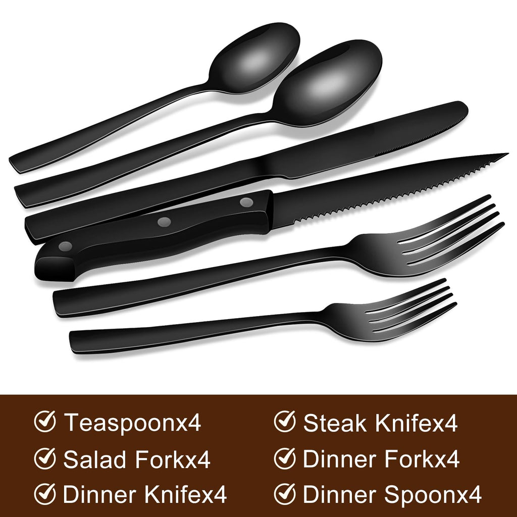 24-Piece Black Silverware Set for 4, Stainless Steel Flatware Set with Steak Knives & Utensil Sets - Mirror Finish