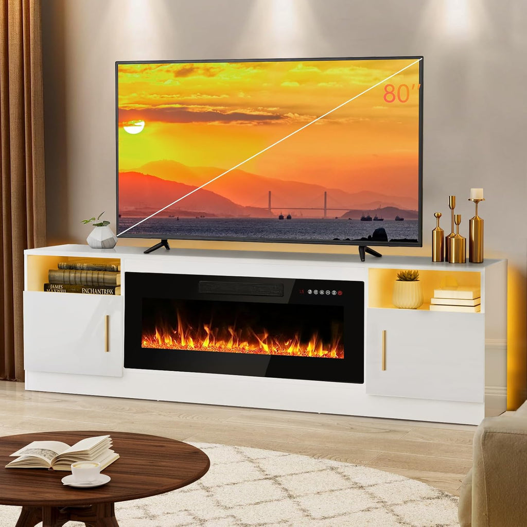 Fireplace tv Stand with 36 inch Fireplace Up to 80" TVs,LED Light Entertainment Center and Storage, 70" Modern Wood Media TV Console with Highlight Cabinet for Living Room (White) A132-B0CCYH1QTX