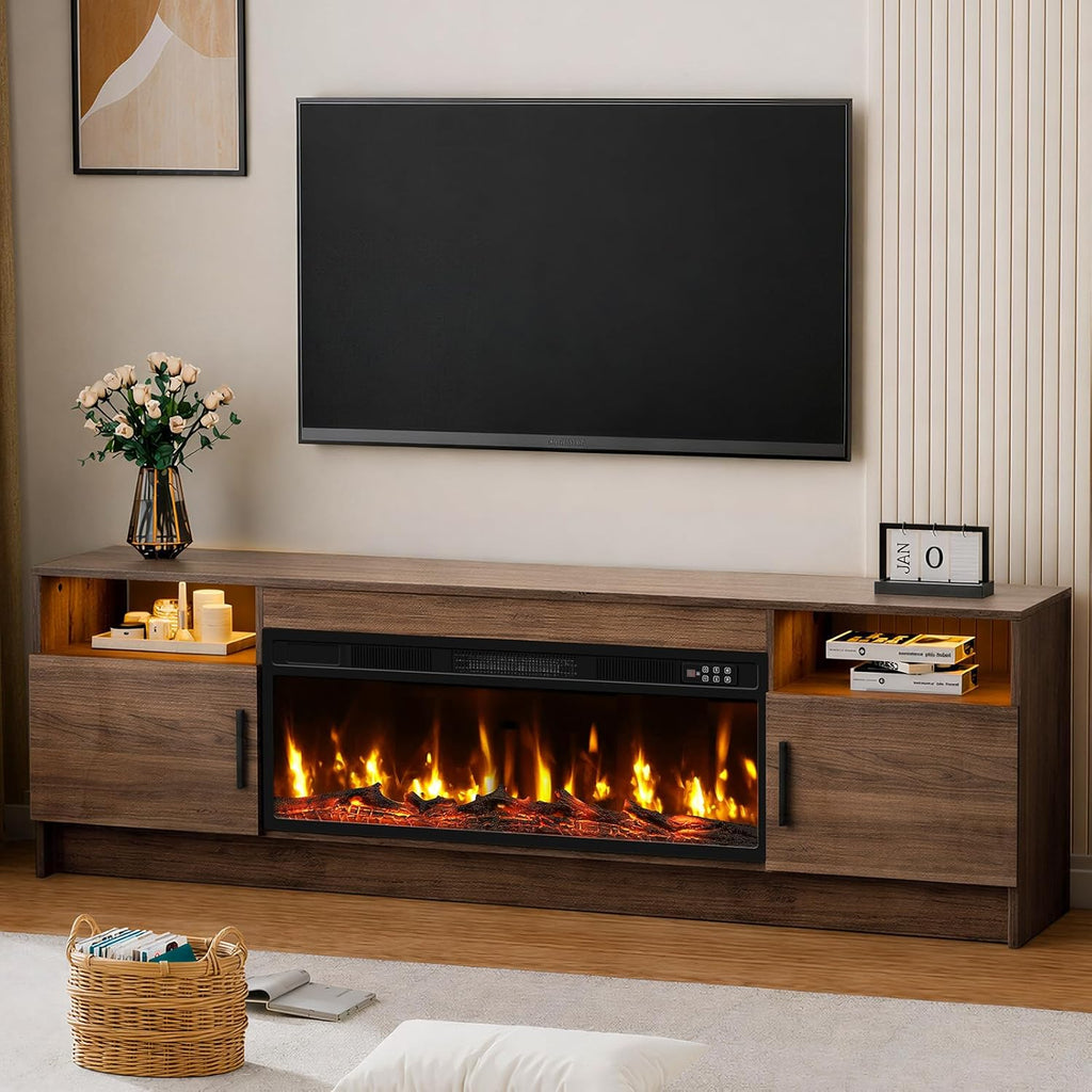 Fireplace TV Stand for 65-80 inch TV, Large Entertainment Center with Fireplace & LED Lights,High Gloss Living Room