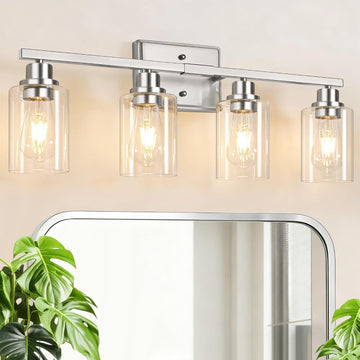 4-Light Bathroom Light Fixtures, Modern Vanity Lights with Clear Glass Shades, Brushed Nickel Bathroom Wall Lamp for