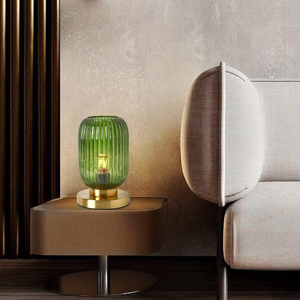 Glass Table Lamps Mid Century Modern Globe Table lamp Gold Desk lamp nightstand lamp with Green Pumpkin Design Ribbed