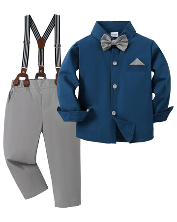 Boys Church Outfit Long Sleeve Dark Blue Grey Dress Shirt Bow Tie Suspender Pants Toddler Formal Outfit Boy