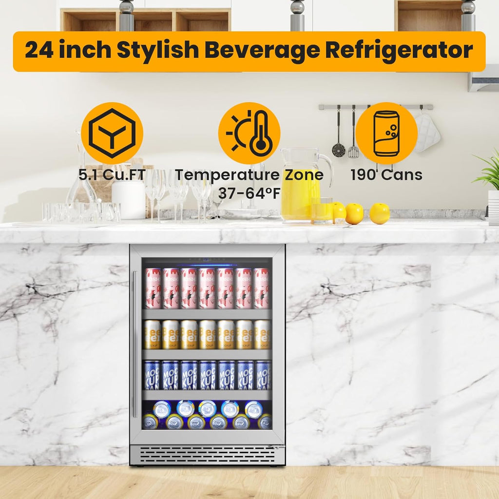 24 Inch Beverage Refrigerator,190 Cans Freestanding/Under Counter Beverage Fridg