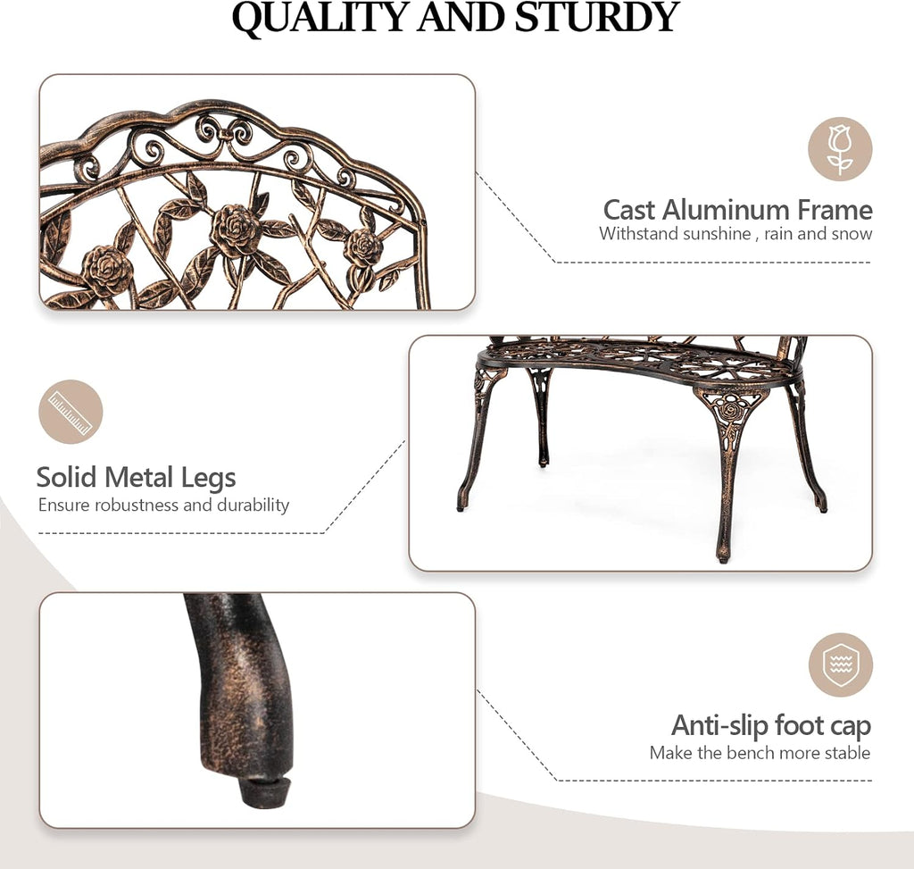38.5" Patio Park Garden Outdoor Metal Rose Bench, 2-Person Cast Iron Cast Aluminium Frame Antique Finish