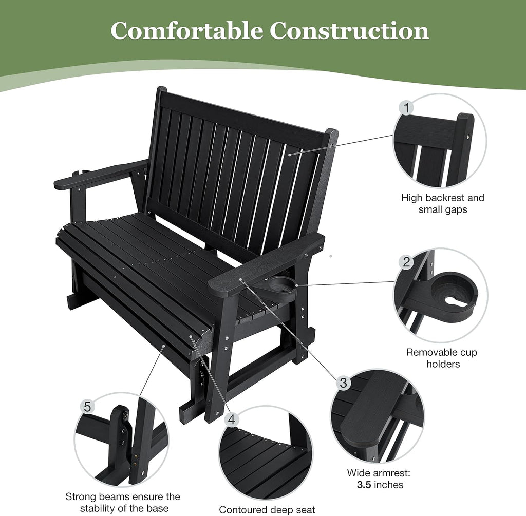 Patio Glider Two-Seat with Cup Holders, Durable HIPS Material, All-Weather Resistant, High Backrest and Deep