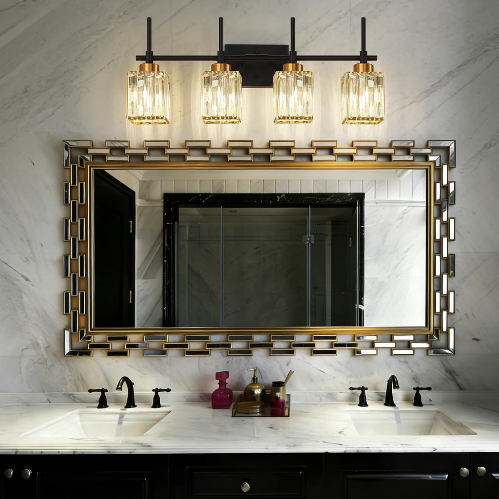 Modern Crystal Bathroom Vanity Light 4-Lights Gold Bathroom Light Fixtures Over Mirror Black and Gold Vanity Lighting