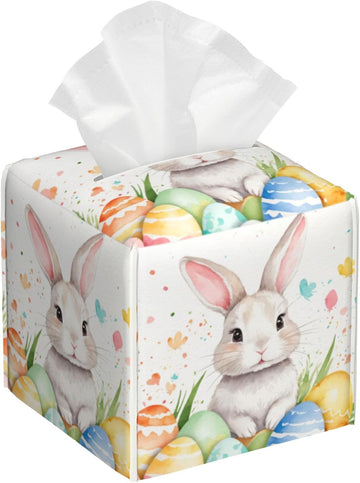 Tissue Box Cover Square,Cute Easter Rabbit and Eggs Tissue Box Holder Waterproof Leather Facial Paper Case Modern