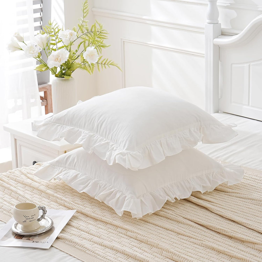 Vintage Off White Ruffle Euro Shams Shabby Farmhouse Pillow Cover 100% Washed Cotton Pillowcases Set of 2-26"x26" White
