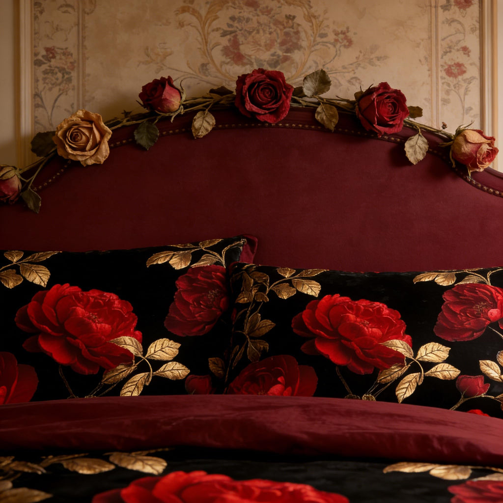 Black Red Rose Comforter Set King, 3Pcs Gothic Floral Bedding