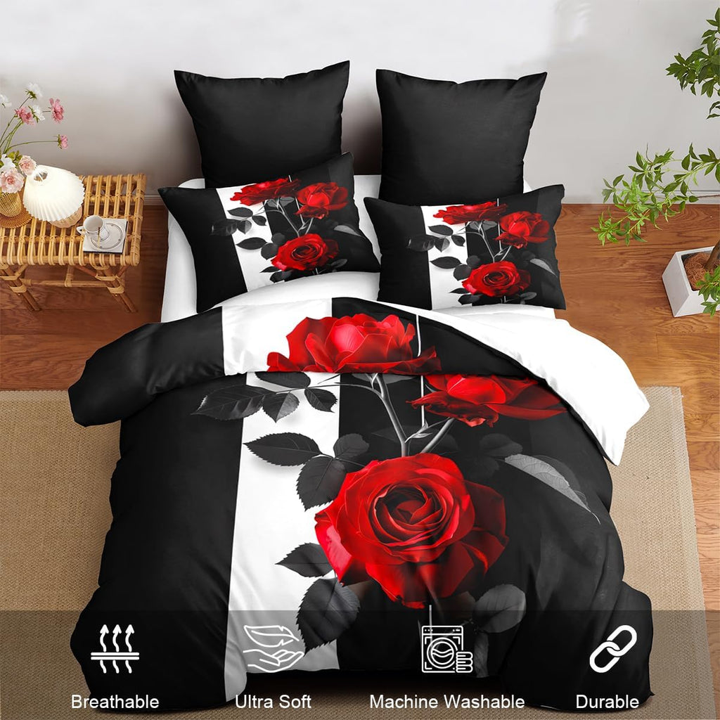 Rose Comforter Set Black Red Bedding Set Striped Floral Bedding for Women Aesthetic Comforter with 2 Pillowcases