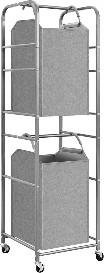 2 Tier Vertical Laundry Hamper, 2 Section Laundry Sorter with 2 Removable Tote Bags, Rolling Clothes Basket for