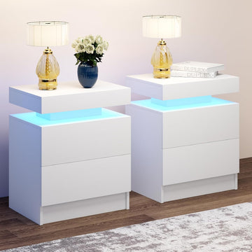 LED Nightstands Set of 2, Modern White Night Stand End Tables with APP & Remote Control LED Lighting, 2 Drawers, Open