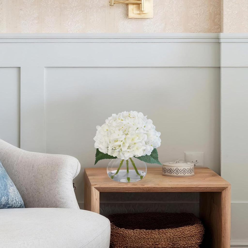 Hydrangea Artificial Flowers in Glass Vase, White Silk Fake Flowers Silk Centerpiece Table Decorations , Coffee Table