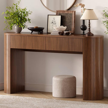 55 Inch Console Table with 2 Drawers, Entryway Tables with Storage,Walnut | Fluted Sofa Table Behind The Couch