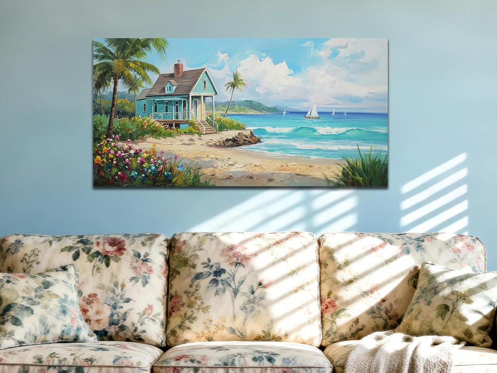 Tropical Coastal Canvas Wall Art Decor | HD Print and Hand-painted Textured, Easy to Hang,Durable Colorfast