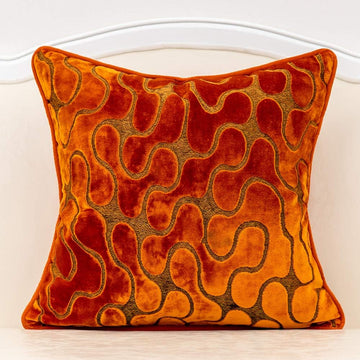 Orange Square Throw Pillow Cover Wavy Velvet Cushion Cover Modern Zippered Pillowcase, 20 x 20 Inch