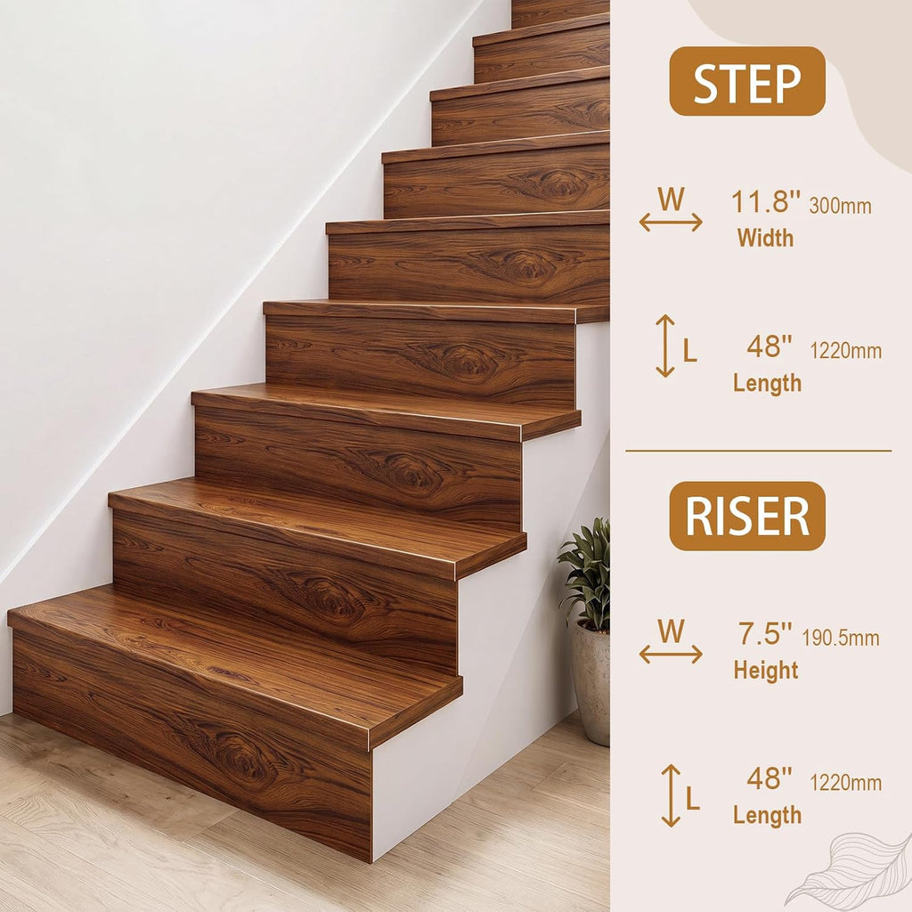 2 Set 4 Pcs Vinyl Stair Tread & Riser Kit, Waterproof Scratch Resistant | 48" x 11.8" Stair Treads with 48" x 7.5"