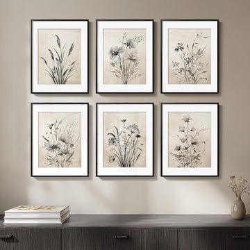 Framed Boho Vintage Botanical Wall Art, Set of 6 Black and White Floral Canvas Painting Prints with Mat for Farmhouse